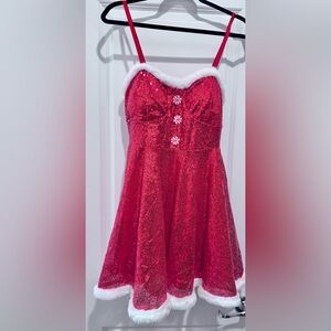 Festive Red Sequin Mini Dress with White Trim